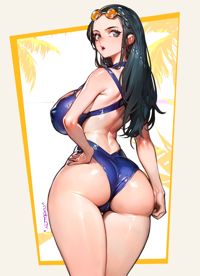 1girls ass ass_focus back back_view bare_arms bare_legs bare_shoulders bare_thighs big_ass big_breasts big_butt black_hair blue_eyes clothed clothing color female female_focus female_only hi_res large_breasts light-skinned_female light_skin long_hair looking_at_viewer nico_robin nipples_visible_through_clothing one-piece_swimsuit one_piece shounen_jump solo solo_female swimwear tagme thick_thighs thighs thighs_together xdtopsu01