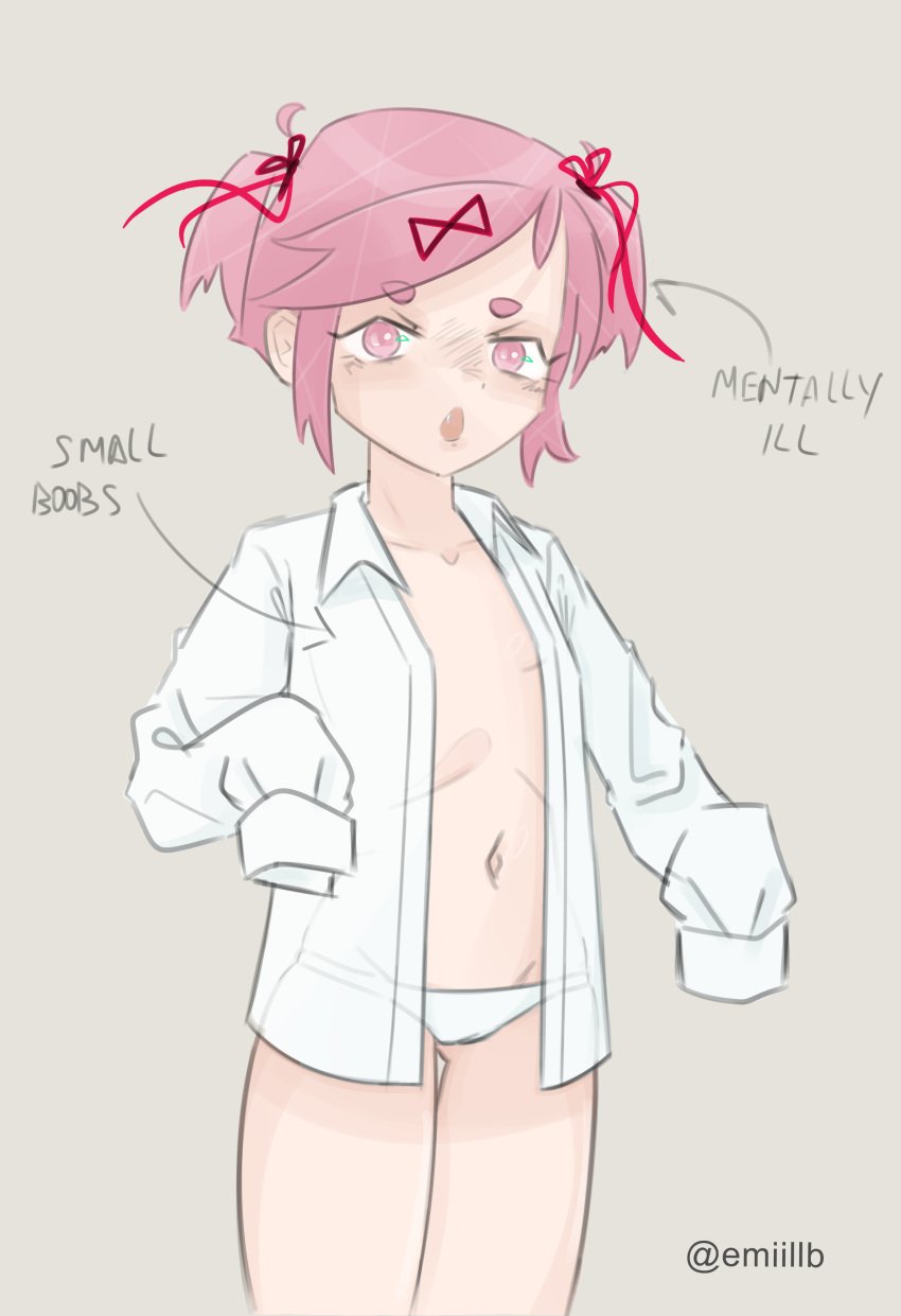 1girls artist_name doki_doki_literature_club emiillb english_text female female_only human mentally_ill_(meme) natsuki_(doki_doki_literature_club) navel panties pink_eyes pink_hair skinny skinny_girl small_ass small_breasts solo teenage_girl text twitter_username white_panties