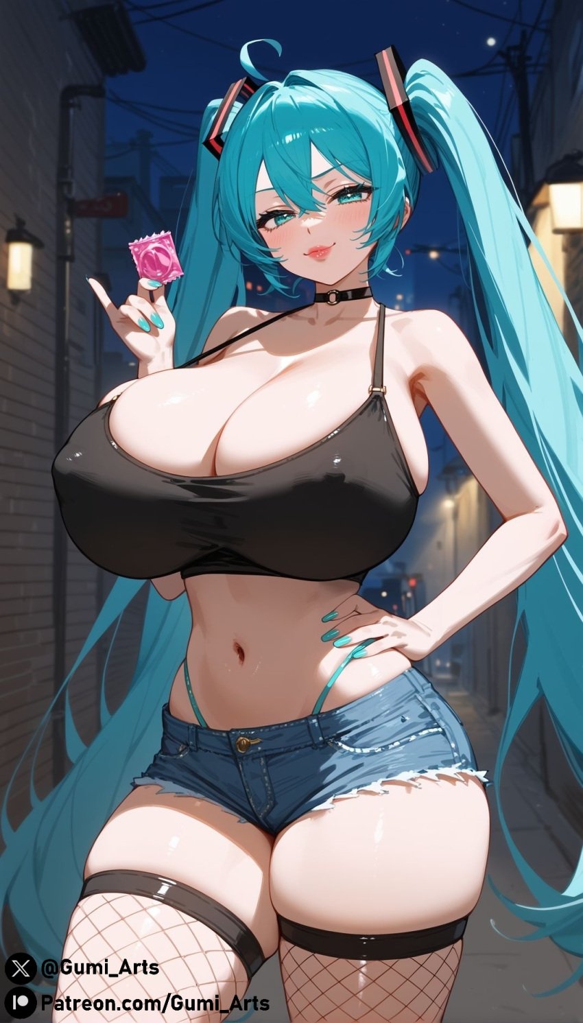 ai_generated alley alternate_breast_size blue_eyes blue_hair chocker cleavage covered_nipples denim_shorts fishnet_legwear g-string gumi_arts hand_on_hip hatsune_miku holding_condom huge_breasts lips naughty_face outdoors painted_nails smug stable_diffusion tank_top thick_thighs twintails vocaloid