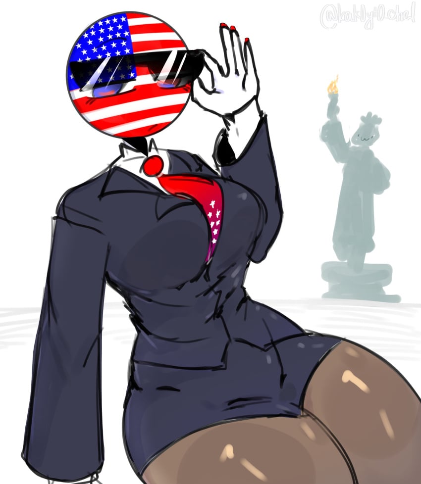 big_breasts breasts clothed clothing countryhumans countryhumans_girl kak0yt0_chel leggings lifting_sunglasses looking_at_viewer nails pantyhose red_tie sitting sitting_down stars suit suit_and_tie sunglasses thick_thighs thighs tie united_states_of_america_(countryhumans)