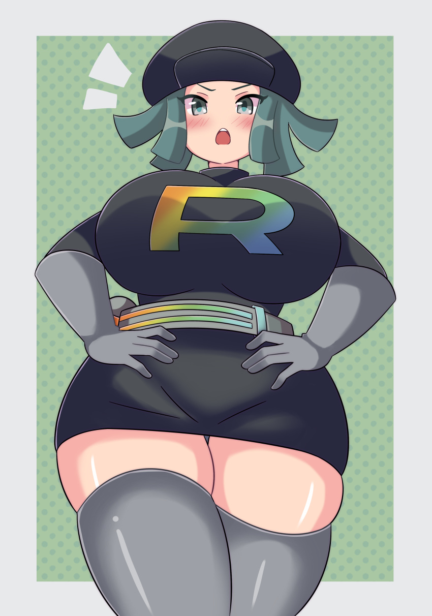 belt big_breasts female_team_rainbow_rocket_grunt femdom gloves green_eyes green_hair hat huge_breasts pokemon rainbow_rocket_grunt skirt suleysketch team_rocket thick_thighs thighhighs