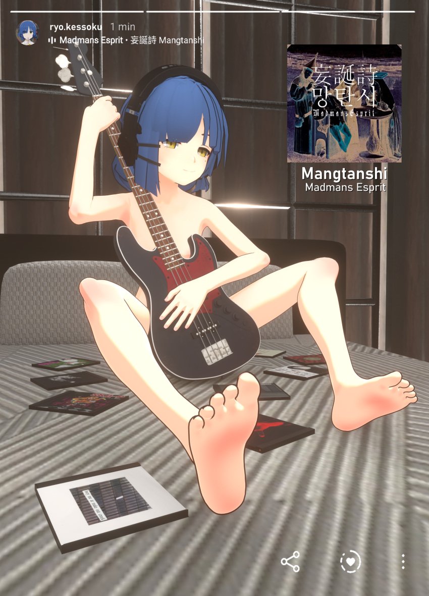 1girls 3d album bangs_over_one_eye bass_guitar bed bedroom blue_hair bocchi_the_rock! cd completely_nude curtains female full_body hair_clips headphones instagram_story kessoku_band legs musical_instrument naked nude petite short_hair sitting sitting_on_bed small_breasts solo thighs window yamada_ryou yellow_eyes