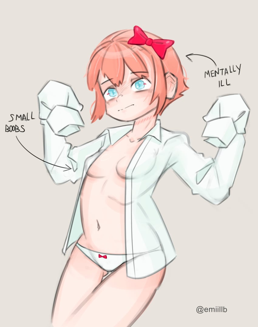 artist_name blue_eyes bow bow_panties breasts doki_doki_literature_club emiillb english_text hair_bow hairbow just_sayori mentally_ill_(meme) panties red_bow red_hair_bow red_hairbow sayori_(doki_doki_literature_club) strawberry_blonde_hair text twitter_username white_panties