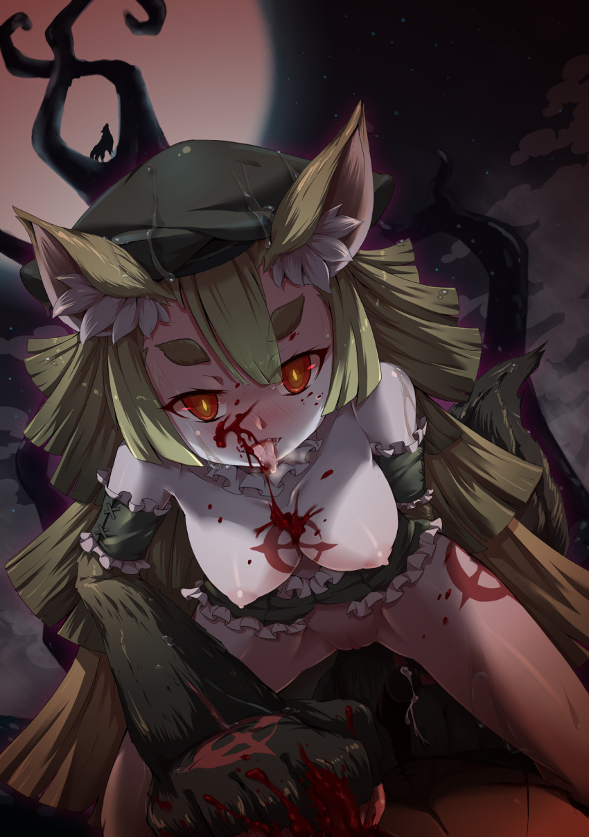 1boy animal_ears blood bloody_breast bloody_face breasts claws cowgirl_position eyebrows female full_moon gen'ei_wo_kakeru_taiyou green_hair hat highres long_hair looking_at_viewer moon nipples penis pussy red_eyes short_eyebrows sirills tail tattoo thick_eyebrows tongue tongue_out tsukuyomi_luna wolf