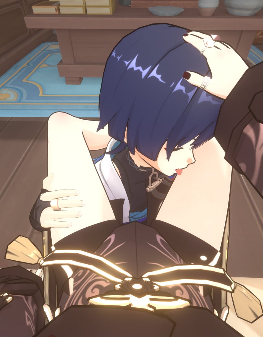 1boy 1girls 3d blue_hair closed_eyes genshin_impact grabbing_head grabbing_thighs horny hu_tao_(genshin_impact) kneeling licking licking_thigh patting petite pov scaramouche_(genshin_impact) shorts sitting sitting_on_bed thighs