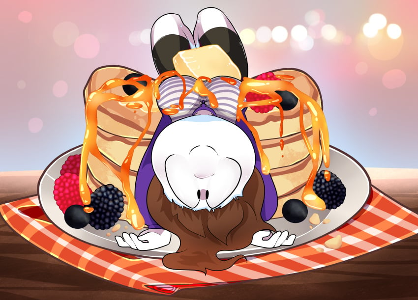 1girl 1girls 2020s berries berry big_breasts big_eyes big_thighs black_legwear black_pupils black_shorts brown_hair butter candy_girl clothing female gummy_creature happy happylikeawall happylikeawall_(artist) layed_down laying_on_back looking_at_viewer oc original_character pancake pancakes plate purple_eyes rasberry self_insert small_woman smile sprawled sprawled_out striped_shirt syrup table thighs wooden_table youtube youtuber youtuber_girl