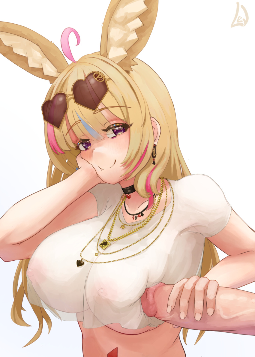 1boy 1girls animal_ears big_breasts blonde_hair breasts female handjob handjob_against_breast hololive hololive_gen_5 hololive_japan large_breasts large_penis light-skinned_female light-skinned_male light_skin male male/female nipples_visible_through_clothing omaru_polka ozornayashoujo penis penis_on_breast virtual_youtuber