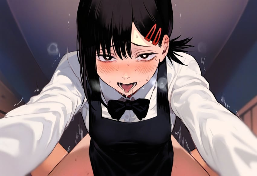 2024 ai_generated apron blush bowtie chainsaw_man clothed_sex collared_shirt cowgirl_position drooling hair_ornament hairclip higashiyama_kobeni implied_sex looking_at_viewer mole mole_under_eye mole_under_mouth ponytail pov sex shivering short_hair solo_focus sweat vaginal_penetration