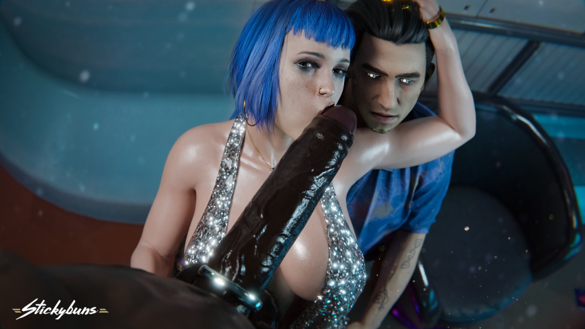 1girls 2boys blue_hair blunt_bangs cock_ring cuckold cyberpunk_2077 dark-skinned_male dark_skin dress evelyn_parker eye_shadow halter_dress halterneck huge_cock huge_penis imminent_oral interracial kissing_penis kissing_penis_tip kneeling large_breasts light-skinned_female light-skinned_male light_skin looking_at_penis looking_at_viewer metallic_clothing nose_ring oral sex_toy shiny_clothes short_hair stickybuns tagme very_dark_skin