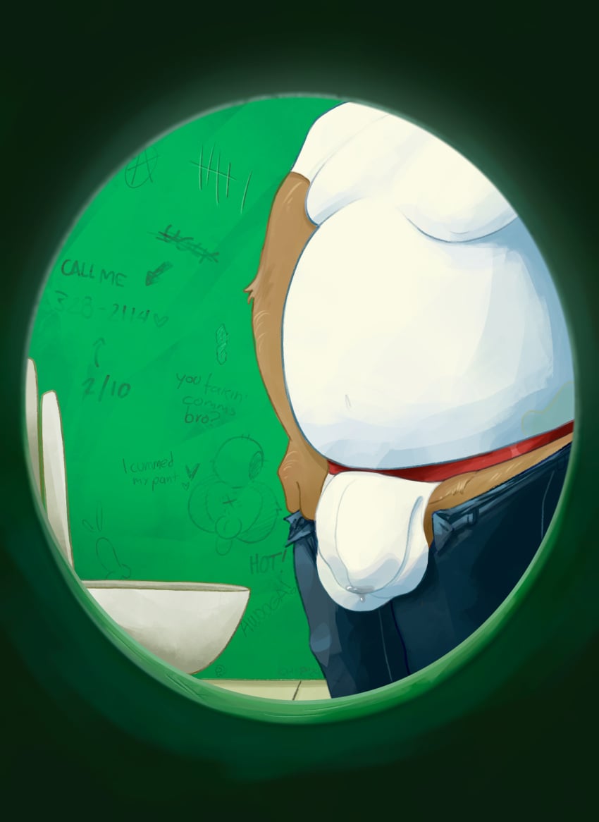 anthro balls_outline bathroom bear belly big_bulge biped bodily_fluids bottomwear bottomwear_down brown_body brown_fur bulge clothed clothing crunchychip detailed_bulge dripping fur genital_fluids genital_outline glory_hole graffiti hi_res male male_anthro mammal moobs navel obese obese_anthro obese_male overweight overweight_anthro overweight_male pants pants_down partially_clothed penis_outline precum precum_drip precum_through_clothing precum_through_underwear public_restroom shirt solo stained_clothing toilet topwear underwear undressing ursine wet wet_clothing white_clothing white_shirt white_topwear
