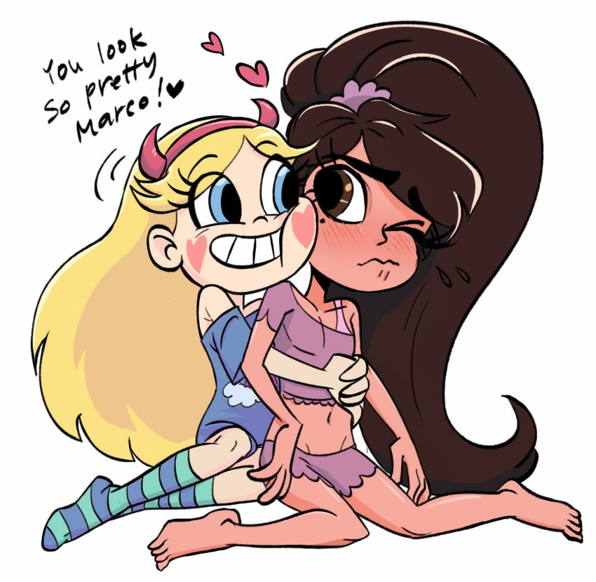 blonde_female blonde_hair blush brunette_hair c2ndy2c1d_(artist) crossdressing disney disney_channel femboy feminine_male feminization latino_male marco_diaz princess_marco star_butterfly star_vs_the_forces_of_evil