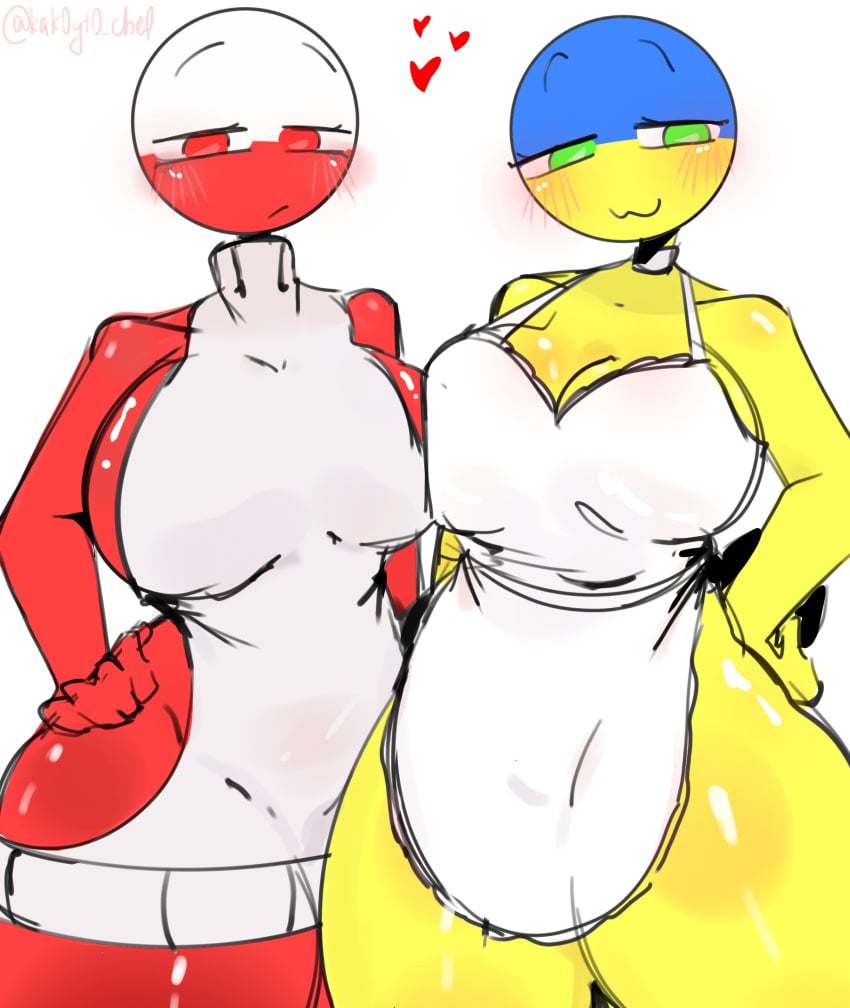 2girls apron apron_only big_breasts breasts countryhumans countryhumans_girl duo duo_focus hand_on_hip hearts kak0yt0_chel looking_at_viewer poland_(countryhumans) red_body smiling smiling_at_viewer standing sweater_vest thick_thighs thighs ukraine_(countryhumans) yellow_body