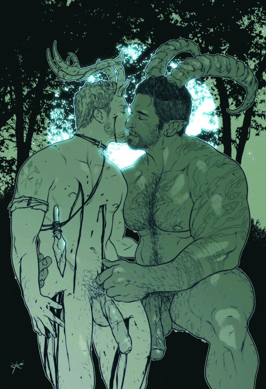 2boys absurdres bara beard_stubble blood blood_on_face completely_nude couple curled_horns cuts dagger exxxemi facial_hair feet_out_of_frame flaccid foreplay foreskin forest from_side full_moon girthy_penis green_theme hairy highres horns huge_pectorals injury interracial kissing knife large_horns large_pectorals male_focus male_pubic_hair mature_male moon multiple_boys nature navel navel_hair night night_sky nipples nude original pectorals penis plump pointy_ears profile pubic_hair shoulder_tattoo sitting sky stubble tattoo thick_arm_hair thick_chest_hair thick_eyebrows thick_navel_hair thighs toned toned_male tribal uncensored weapon yaoi