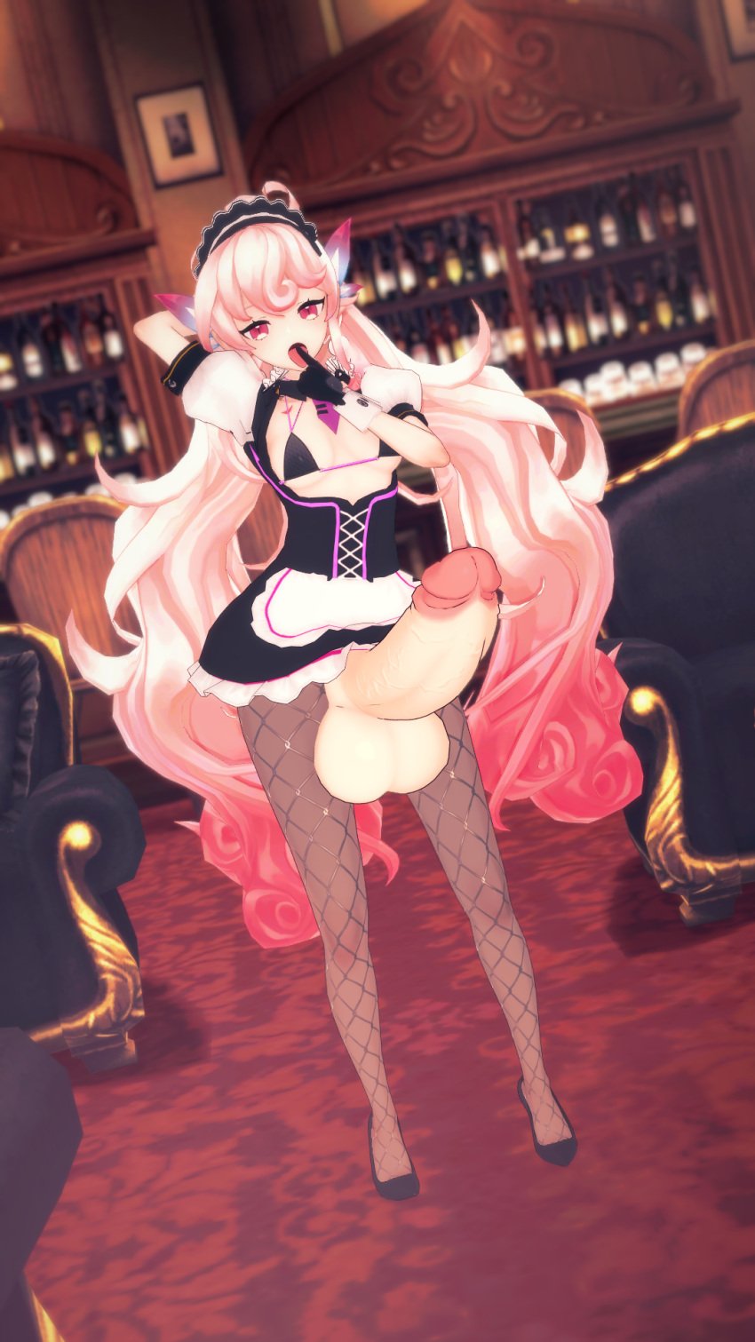 3d big_penis bikini bikini_top elsword finger_in_mouth fishnets futanari huge_cock koikatsu laby_(elsword) large_penis maid maid_uniform penis seductive seductive_look self_upload vostrumdeus