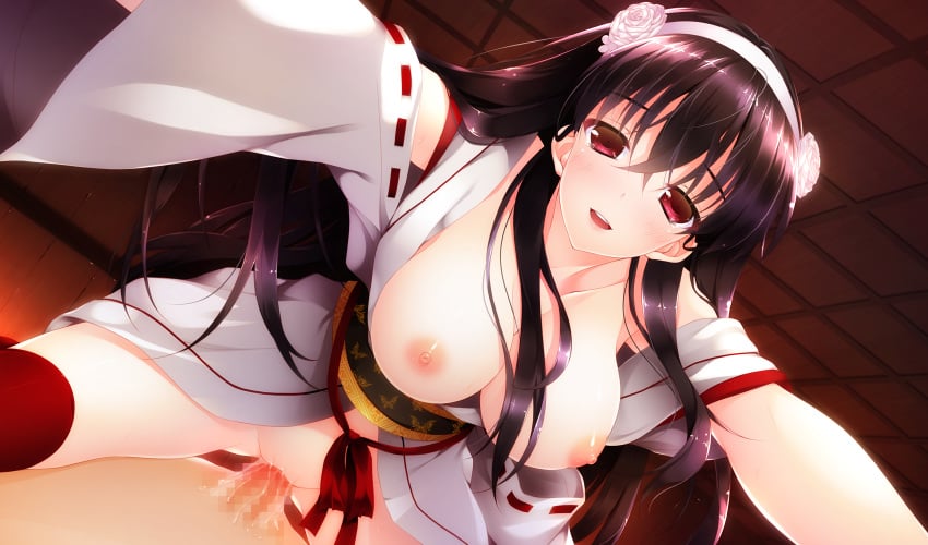 black_hair blush breasts censored game_cg hayakawa_harui lass long_hair nipples okushiro_yuki pussy_juice red_eyes sex shoujo_shiniki_shoujo_tengoku thighhighs vagina