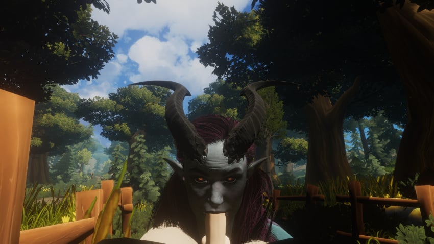 3d alfira baldur's_gate_3 blowjob blue_skin fellatio horns pointy_ears purple_hair tiefling yellow_eyes