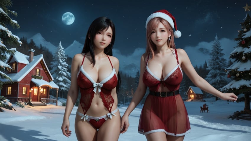 ai_generated black_hair christmas christmas_lingerie cleavage dead_or_alive dead_or_alive_xtreme_venus_vacation final_fantasy_vii final_fantasy_vii_remake honoka_(doa) hourglass_figure huge_breasts moon mountain night nipples_covered outdoors pink_hair ponytail rekcah_mhf see-through_clothing side_ponytail snow snow_mountains tifa_lockhart walking wooden_house