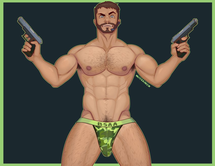 1boy abs armpit_hair bara beard biceps bulge capcom chris_redfield daddy flaccid hairy_chest jockstrap male male_nipples male_only male_pubic_hair manly mature_male muscular_male nipples nuttkraken pecs resident_evil solo solo_male underwear