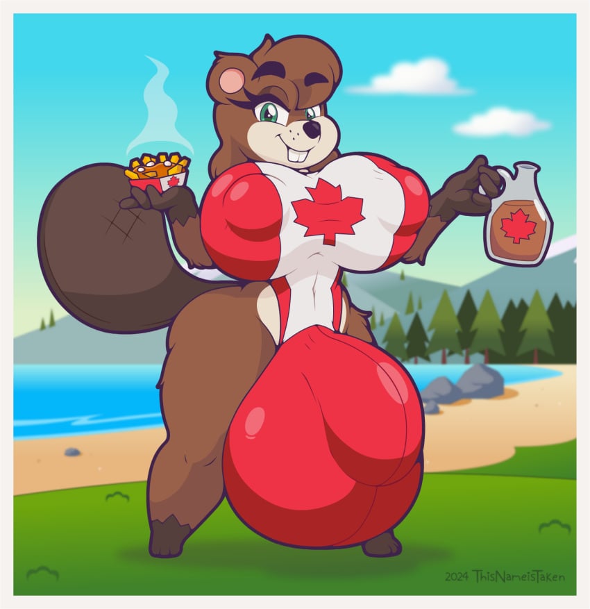 1futa anthro ass balls balls_outline beaver big_balls big_breasts big_bulge big_butt big_nipples big_penis breasts brown_body brown_fur buckteeth bulge canada canada_day canadian_flag clothing detailed_bulge eyebrows flaccid fur futa_only futanari genital_outline genitals gloves_(marking) green_eyes gynomorph half-closed_eyes hi_res holding_object holidays huge_balls huge_breasts huge_bulge huge_cock huge_nipples hyper hyper_balls hyper_bulge hyper_genitalia hyper_penis intersex lake leg_markings looking_at_viewer mammal markings narrowed_eyes navel_outline nipple_outline nipples one-piece_swimsuit original_character outside penis penis_outline poutine rodent smile smiling_at_viewer socks_(marking) solo solo_futa swimwear syrup teeth thick_eyebrows thick_thighs thisnameistaken wide_hips