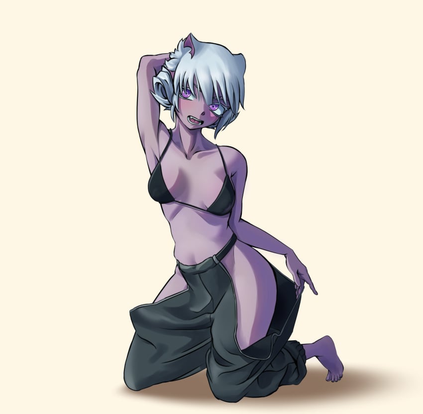 alternate_version_available arm_up armpit baggy_pants barefoot bikini_top black_bikini_top blush dark-skinned_female dark_skin female female_only full_body hi_res hip_vent kneeling made_in_abyss pants purple_body purple_eyes purple_skin short_hair small_breasts solo soyuko srajo very_high_resolution white_hair