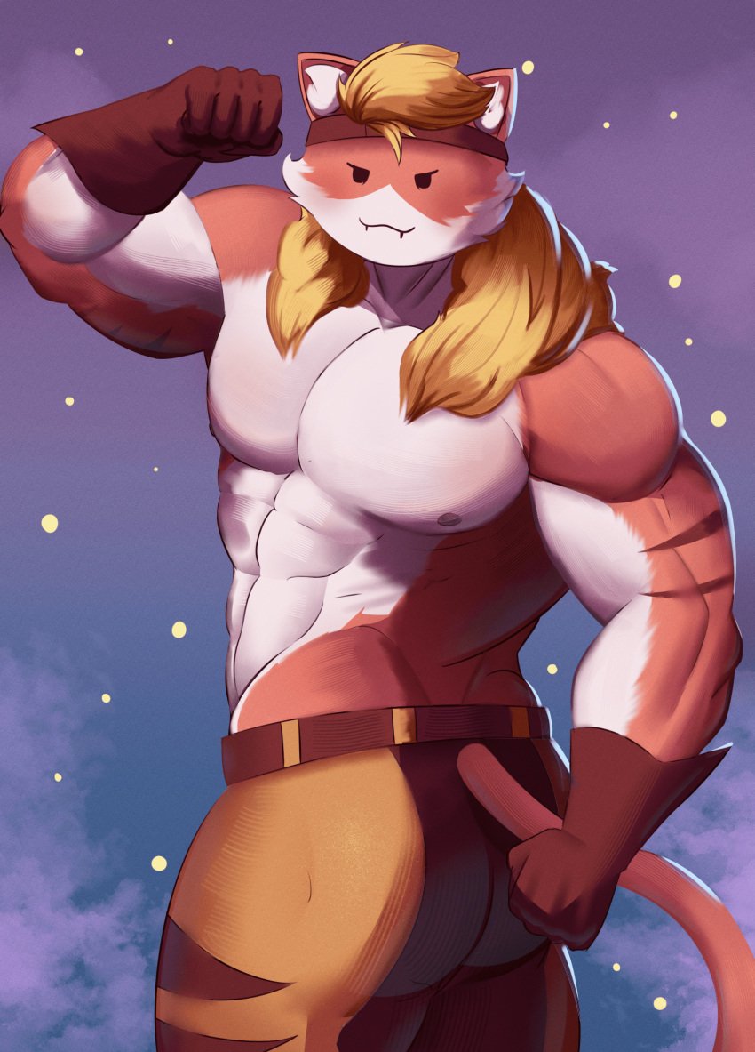 anthro anthro_only ass blonde_hair cat_ears cat_tail clothing flexing fortnite fortnite:_battle_royale furry furry_only hair jawtwt long_hair male male_only marvel marvel_comics meowscles_(fortnite) meowtooth_(fortnite) muscles orange_fur safe_for_work sfw tail teeth teeth_showing