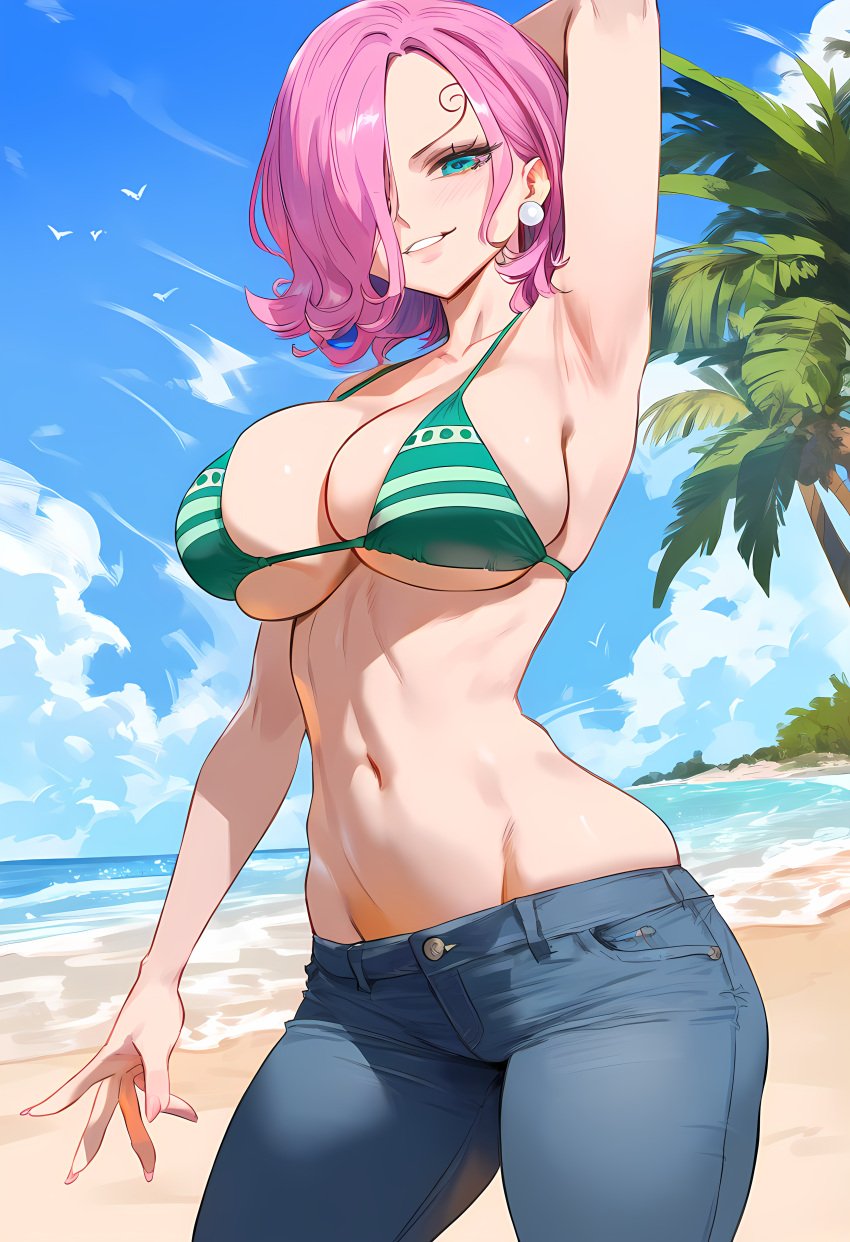 1girls ai_generated bare_arms bare_shoulders beach big_breasts blue_eyes blush bra clothed clothing color female female_focus female_only geo-san geosan hi_res jeans large_breasts light-skinned_female light_skin looking_at_viewer nami_(one_piece)_(cosplay) one_piece pink_hair sand sea short_hair shounen_jump solo solo_female tagme thick_thighs vinsmoke_reiju water