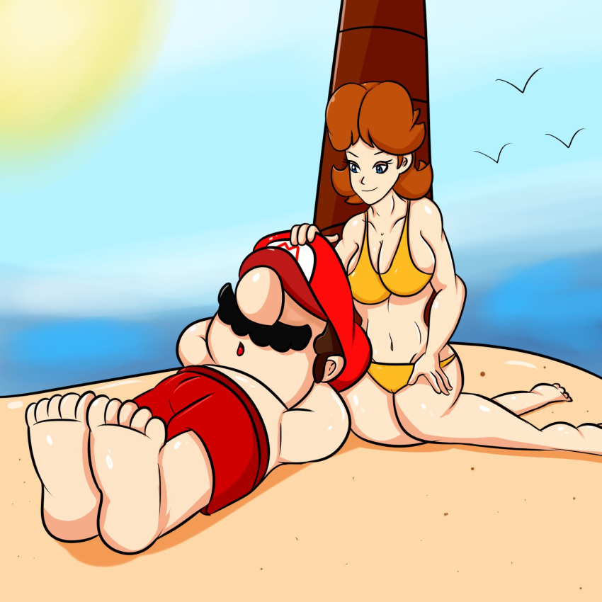 1boy 1girls beach bikini bikini_bottom bikini_top breasts brown_hair duo feet female human laying_on_back male mario mario_(series) mustache nintendo outdoors princess_daisy sleeping soulyagami64 tagme