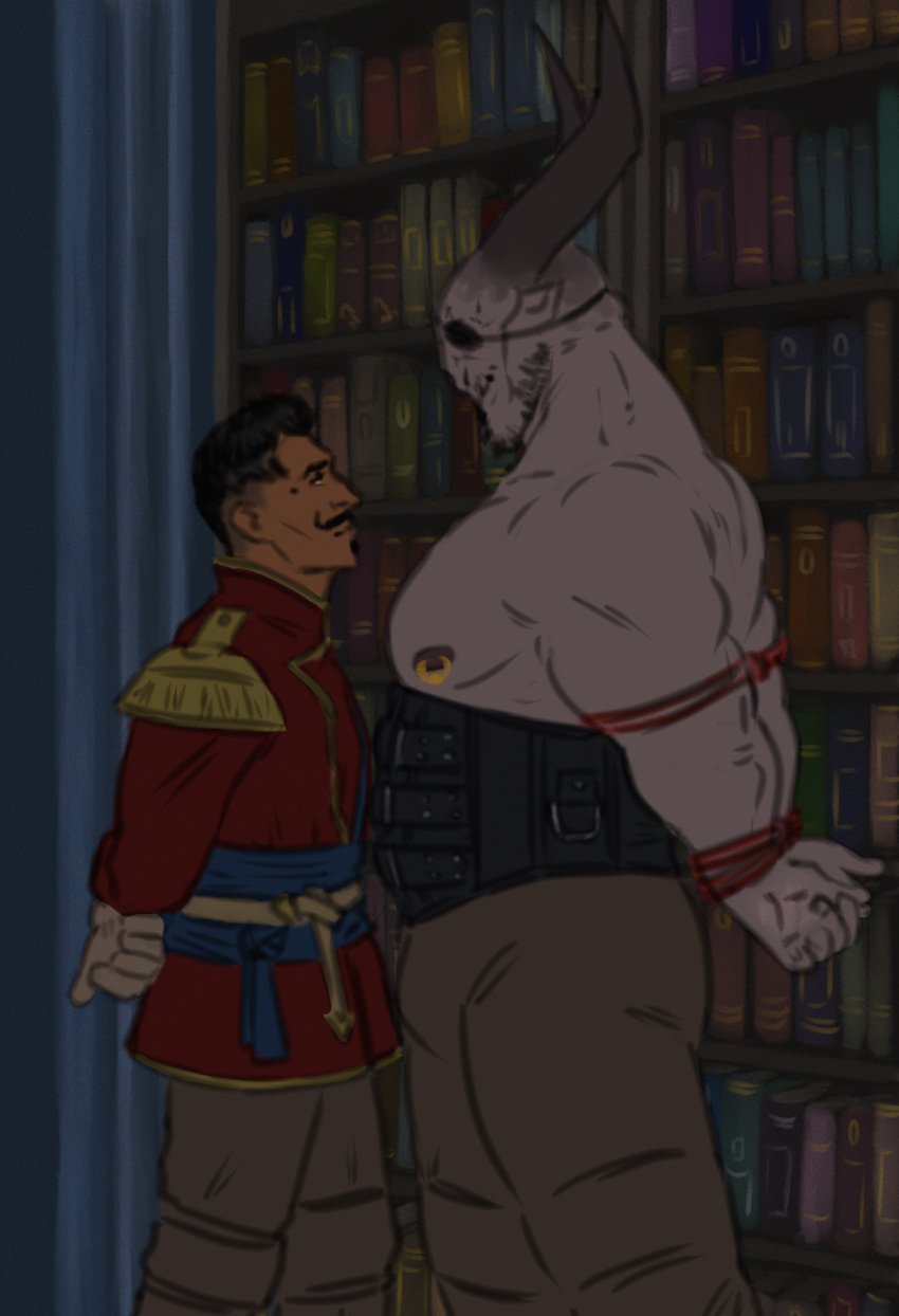 2boys animated animated animation anthro bald bara beard_stubble beauty_mark biceps black_hair book books bookshelf bulge bulge_grab canon_couple clothed clothed_male clothing couple dark-skinned_male dark_hair dark_skin dominant_male domination dorian_pavus dragon_age dragon_age_inquisition duo eyepatch eyewear facial_hair gay gay_male grabbing_bulge grey_body grey_skin half-dressed half_naked hand_on_bulge horn horns human iron_bull mage male male/male male_only mole moustache moustache muscles muscular muscular_male nipple_piercing nipple_play nipples pansexual_male pants pecs qunari rope rope_bondage shirtless shirtless_male size_difference sometrashland standing standing_position stubble submissive submissive_male tied_hands video_games yaoi