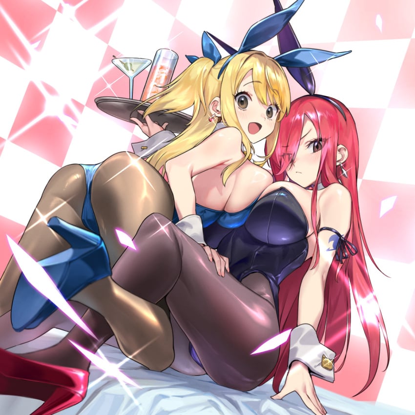 ass big_ass big_breasts breasts bunny_girl bunnysuit erza_scarlet fairy_tail golden_hair lucy_heartfilia magic magical_girl official_art red_hair shio witch yuri