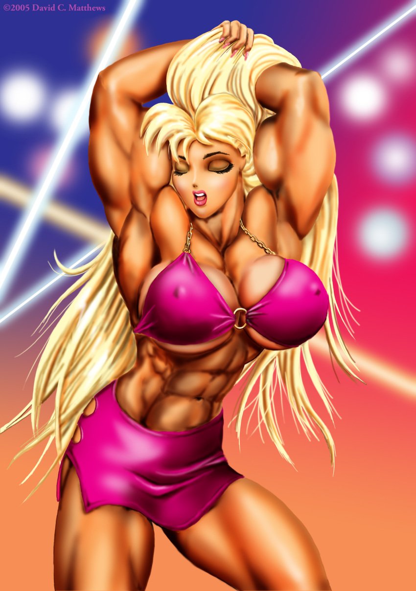 abs biceps big_breasts big_muscles blonde_hair breasts dcmatthews dress female hair large_breasts lights long_hair muscles muscular_arms muscular_female muscular_legs muscular_thighs pecs tetsuko