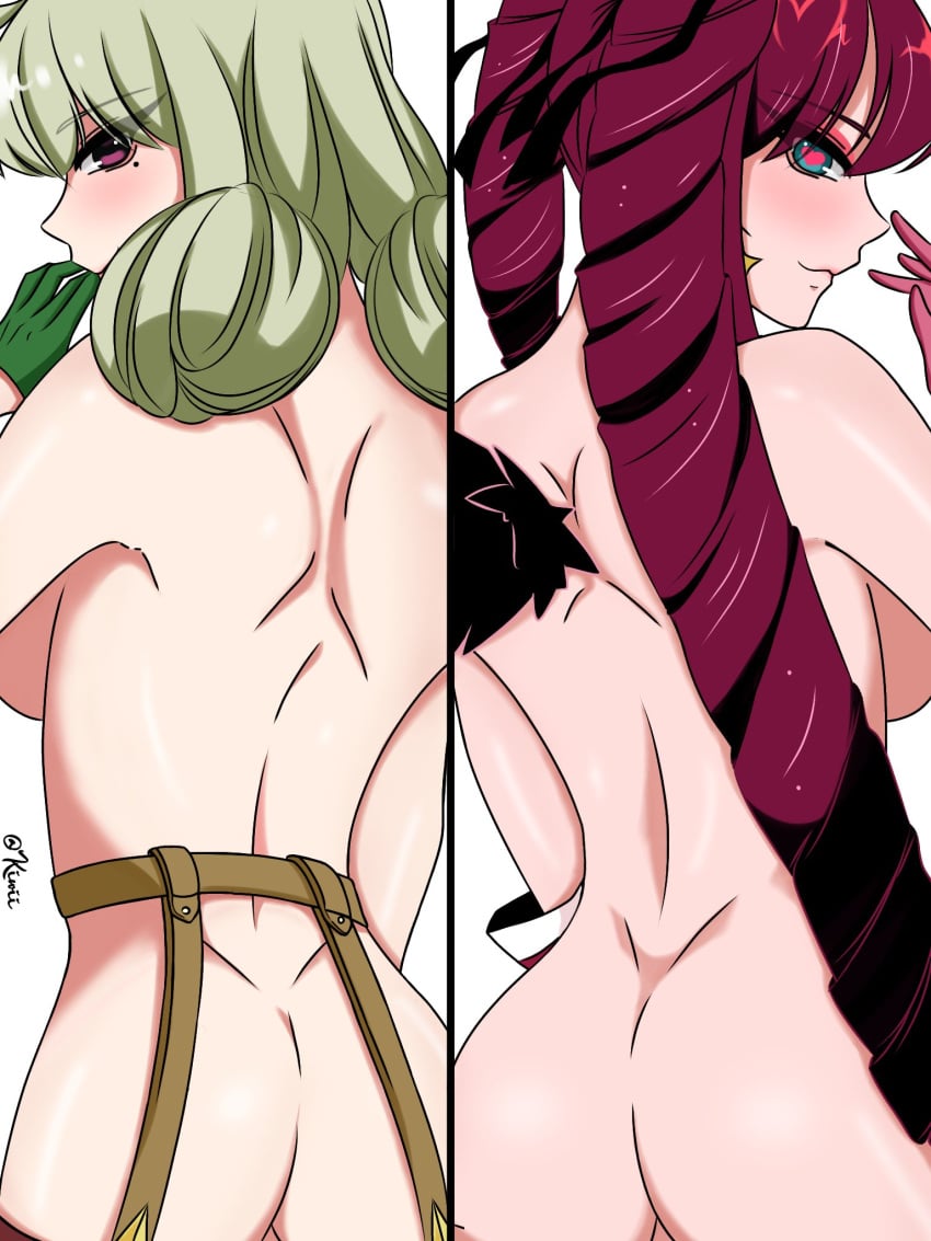 2girls araga_kiwi ass back back_view blue_eyes breasts dark_pink_hair double_bun female_only gloves green_gloves hair_bun hanabishi_haruka heart-shaped_pupils leopard_(mahou_shoujo_ni_akogarete) light-skinned_female long_hair looking_at_viewer magia_magenta magia_magenta_(la_veritas) mahou_shoujo_ni_akogarete medium_breasts nude_female pink_gloves purple_eyes really_long_hair sideboob standing twintails white_background yuribear