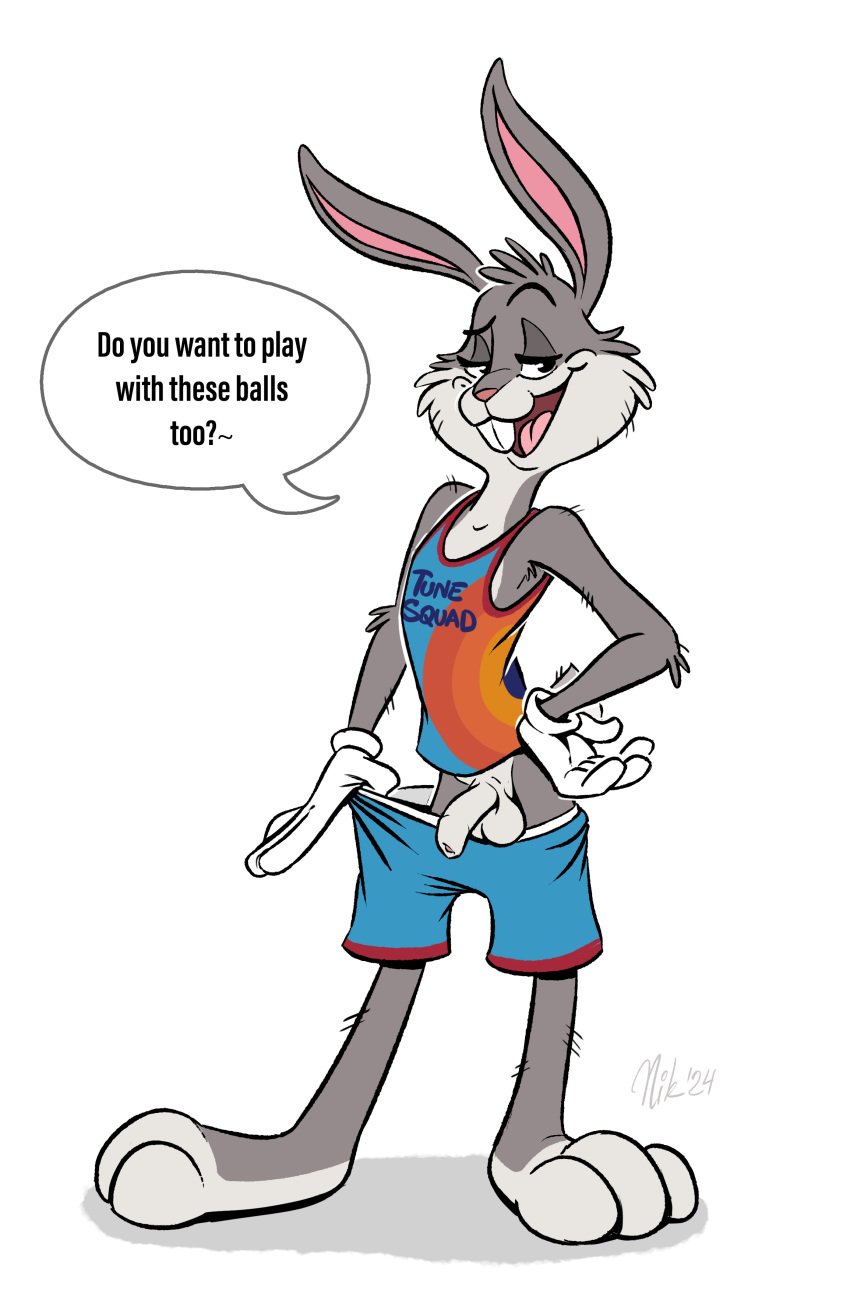 absurd_res anthro balls buckteeth bugs_bunny clothing clothing_pull english_text flaccid foreskin fur genitals grey_body grey_fur half-closed_eyes hi_res lagomorph leporid looney_tunes male mammal narrowed_eyes nikraccoom open_mouth penis presenting presenting_balls presenting_penis rabbit solo teeth text the_looney_tunes_show warner_brothers white_body white_fur