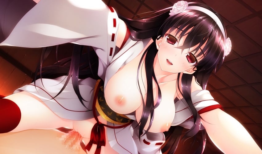 black_hair blush breasts censored female game_cg hayakawa_harui highres japanese_clothes long_hair nipples okushiro_yuki open_mouth penis pussy red_eyes sex the_garden_of_fifth_zoa thighhighs vaginal_penetration