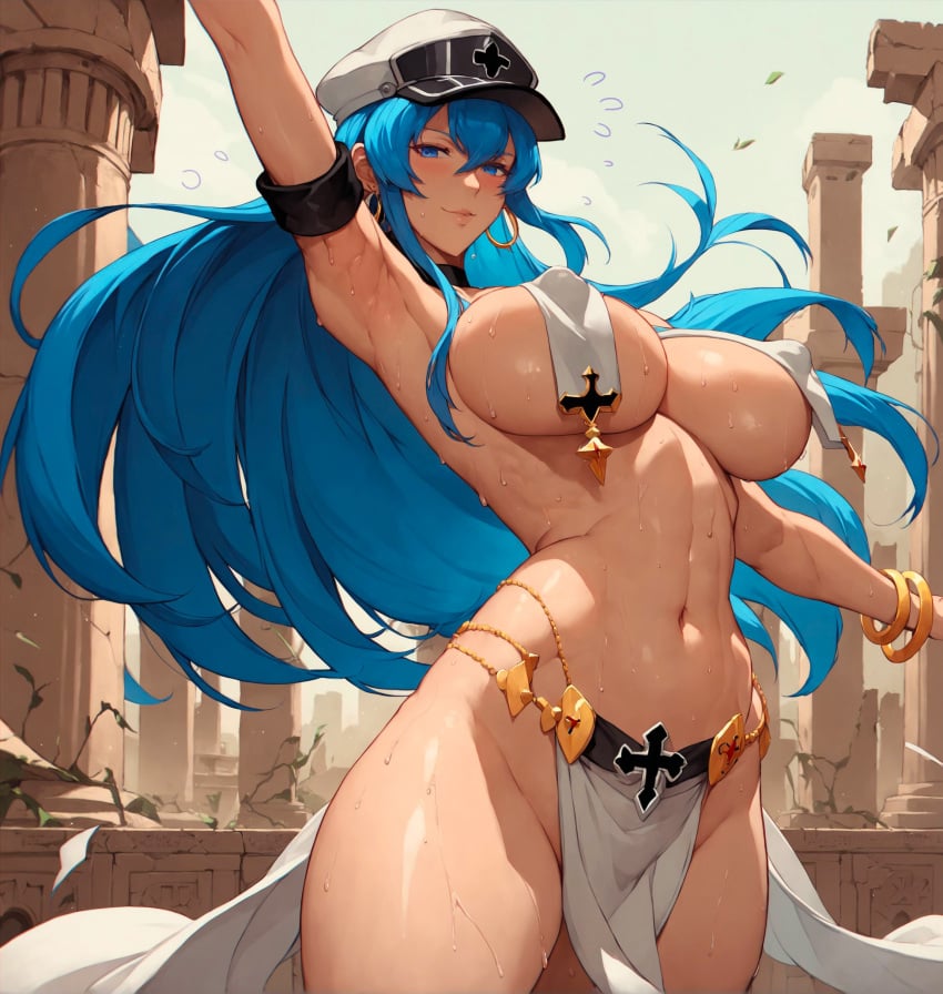 1girls ai_generated akame_ga_kill! alex-schura arabian_clothes armpits arms_up bangs bare_shoulders belly_dancer belly_dancer_outfit blue_eyes blue_hair blue_sky blush bracelet breast_curtains breasts choker cleavage closed_mouth clothing completely_nude cowboy_shot curvaceous curvaceous_female curvaceous_figure curvy curvy_figure day earrings esdeath_(akame_ga_kill!) female female_focus female_only flying_sweatdrops hair_between_eyes hat headwear huge_breasts jewelry large_breasts lips loincloth long_hair looking_at_viewer military military_hat navel nipples outdoors peaked_cap pelvic_curtain revealing_clothes sky smile solo standing sweat thick_thighs thighs underboob very_long_hair voluptuous voluptuous_female wet white_headwear