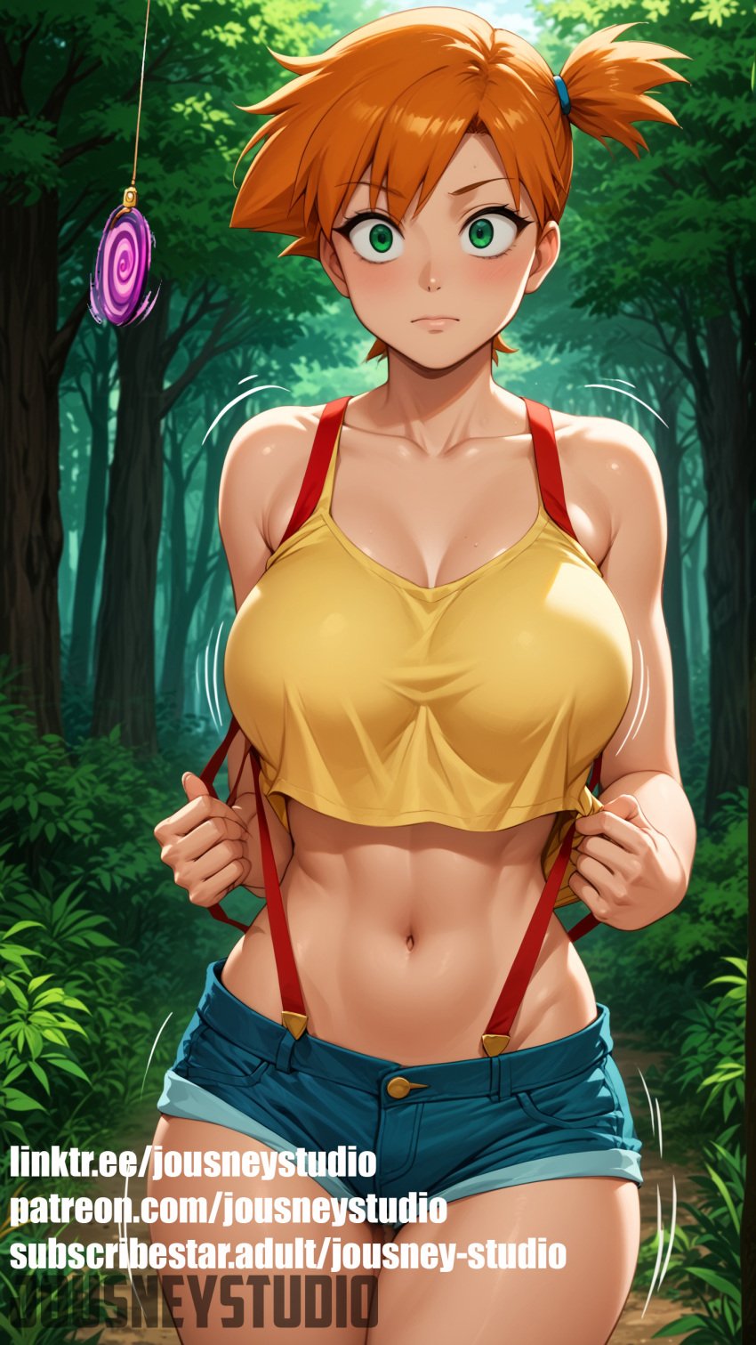 abs ai_generated artist_name asymmetrical_hair bangs bare_arms bare_shoulders blue_shorts blush breasts clavicle cleavage closed_mouth clothing cowboy_shot crop_top curvaceous day denim denim_shorts english_text erect_nipples female female_only forest green_eyes hips hypnosis jousneystudio kasumi_(pokemon) large_breasts looking_at_viewer midriff motion_lines muscle nature navel nipples orange_hair outdoors patreon_username pokemon pokemon_(anime) pokemon_(game) pokemon_character pokemon_rgby ponytail shiny shiny_skin shirt short_hair short_shorts shorts side_ponytail sleeveless smile solo standing stomach suspender_shorts suspenders talisman tank_top text thick_thighs thighs tied_hair tree watermark web_address wide_hips yellow_shirt