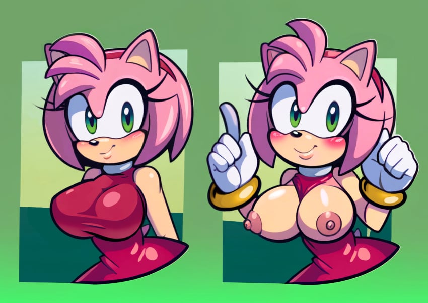 1girls accurate_art_style ai_assisted ai_generated amy_rose before_and_after big_breasts blush breasts breasts_out casual_exposure casual_nudity cleavage dress edit edited excited exposed_breasts exposed_pussy eyelashes female female_focus female_only flashing flashing_breasts fully_clothed fully_clothed_female furry gloves gold_jewelry green_eyes hairband happy inviting inviting_to_sex mugnosurge multiple_views naked nude pink_fur pink_hair shirt_pull showing_breasts showing_off soft_breasts soft_lips solo sonic_(series) sonic_the_hedgehog_(series) stripping tight_clothing tight_fit wide_hips