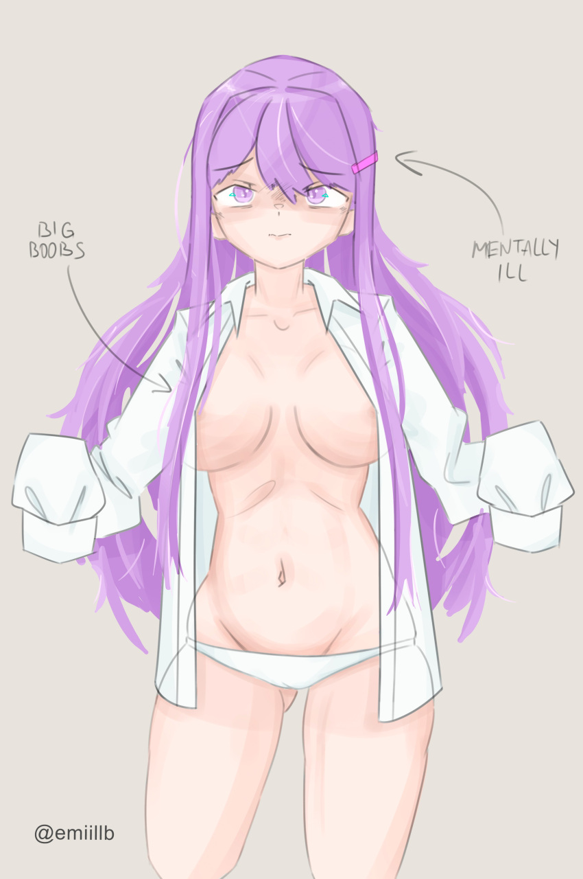 artist_name big_breasts breasts doki_doki_literature_club emiillb english_text long_hair mentally_ill_(meme) navel panties purple_eyes purple_hair text twitter_username white_panties yuri_(doki_doki_literature_club)