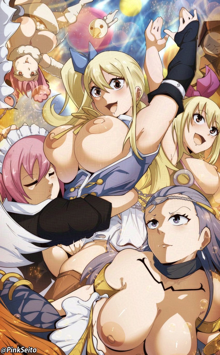 aquarius_(fairy_tail) aries_(fairy_tail) arm_up armpits blonde_hair blue_eyes blue_hair blush brown_eyes brown_high_heel_boots fairy_tail footwear hair_between_eyes happy horns large_breasts long_hair lucy_heartfilia maid maid_headdress maid_uniform mermaid mermaid_girl multiple_girls one_sleeve orphen_(pink_seito) pinkseito ponytail uncensored virgo_(fairy_tail)