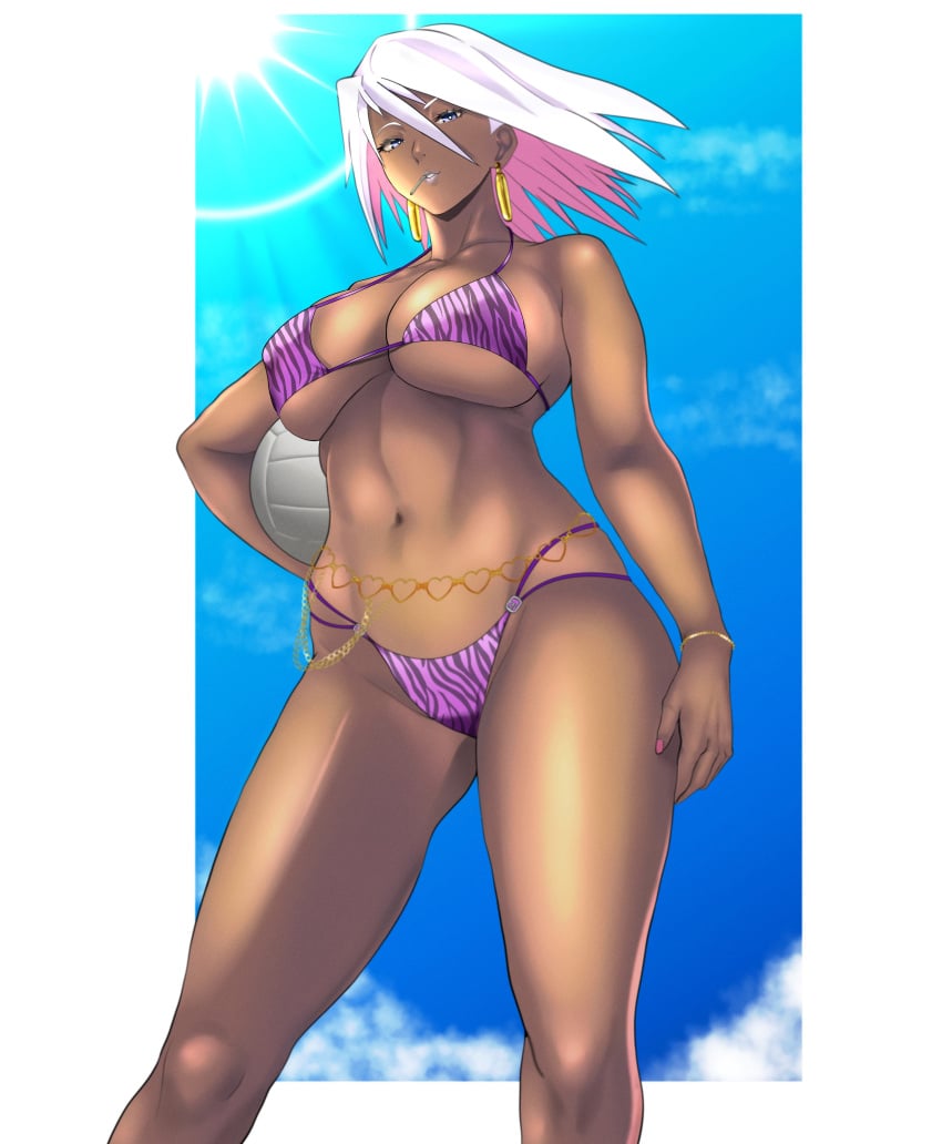 1girls belly_chain bizen_sayoko breasts clothed curryman_(zxxk) dark-skinned_female dark_skin earrings feet_out_of_frame female holding_ball large_breasts leopard_print purple_bikini purple_eyes slut_girl solo standing underboob white_hair