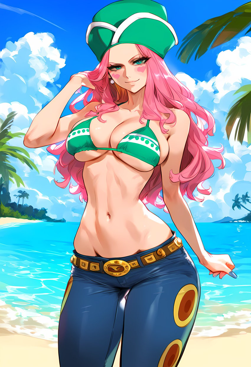 1girls aged_up ai_generated bare_arms bare_shoulders beach big_breasts blue_eyes blush bra clothed clothing color female female_focus female_only geo-san geosan hat hi_res jeans jewelry_bonney large_breasts light-skinned_female light_skin long_hair looking_at_viewer nami_(one_piece)_(cosplay) one_piece pink_hair sand sea shounen_jump solo solo_female tagme thick_thighs water