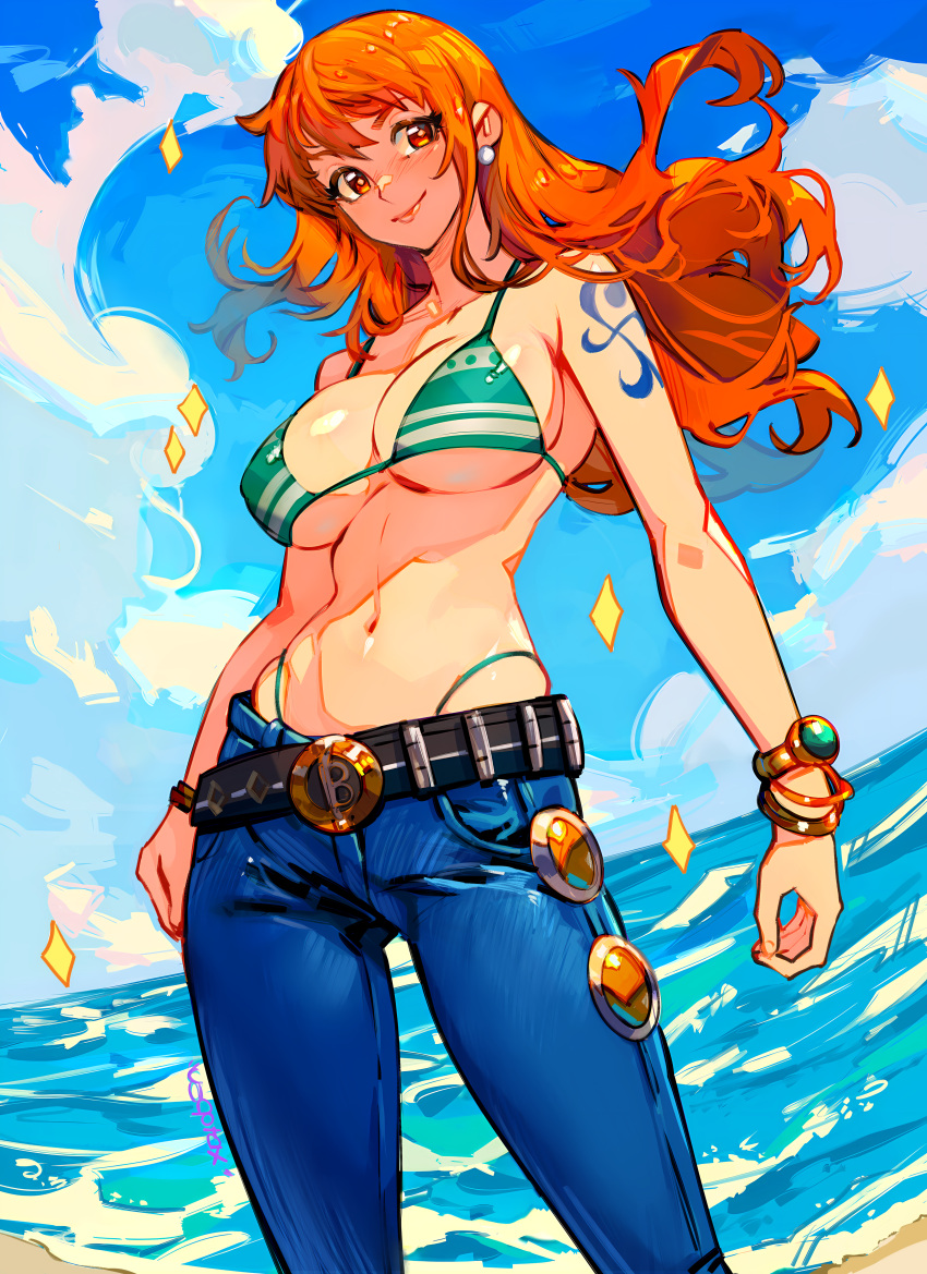 1girls ai_generated bare_arms bare_shoulders big_breasts bra clothed clothing color female female_focus female_only hi_res large_breasts light-skinned_female light_skin long_hair looking_at_viewer nami nami_(one_piece) one_piece orange_eyes orange_hair shounen_jump solo solo_female tagme tattoo thick_thighs xdtopsu01