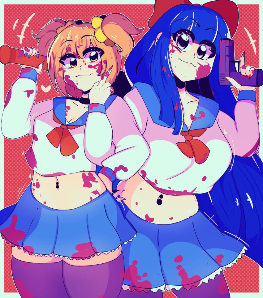 2girls big_breasts blood blue_hair breasts female huge_breasts marysquid orange_hair pipimi pop_team_epic popuko tagme thick_thighs wide_hips