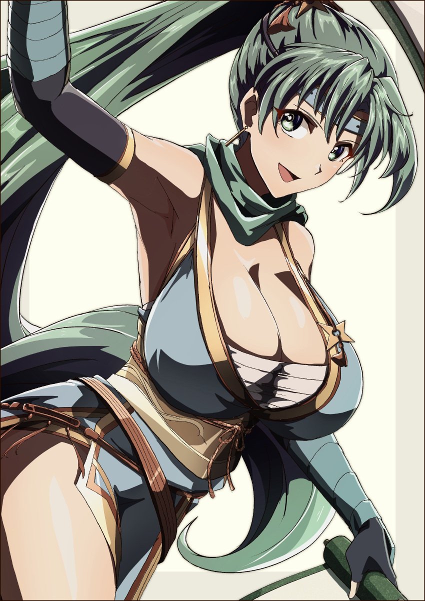 1girls :d absurdres alternate_costume arm_up arm_wrap armpits bare_shoulders blue_dress blue_headband blush border breasts chest_sarashi cleavage commission dress earrings elbow_gloves female female female_only fingerless_gloves fire_emblem fire_emblem:_the_blazing_blade fire_emblem_heroes gloves green_eyes green_hair green_scarf headband highres holding holding_scroll huge_breasts jewelry large_breasts long_hair looking_at_viewer lyn_(fire_emblem) lyn_(ninja)_(fire_emblem) ninja nintendo obi obijime official_alternate_costume open_mouth outside_border ponytail sarashi sash scarf scroll shuriken side_slit skeb_commission sleeveless sleeveless_dress smile solo to_(tototo_tk) very_long_hair weapon white_background yellow_sash
