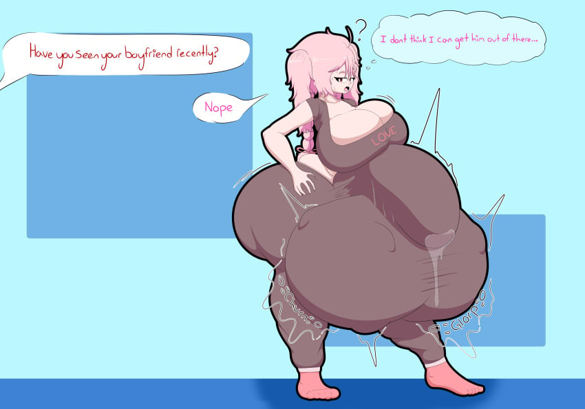 1futa balls balls_bigger_than_penis big_breasts blizynx breasts bulge cleavage clothed clothing cock_vore dialogue english_text fully_clothed futa_focus futanari huge_balls huge_breasts huge_bulge huge_cock human hyper hyper_bulge implied_vore light-skinned_futanari light_skin male_prey offscreen_character penis pink_hair precum precum_through_clothing same_size_vore solo_focus standing text vore