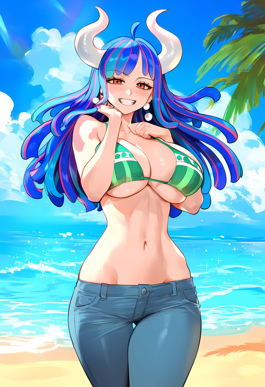 1girls ai_generated bare_arms bare_shoulders beach big_breasts blush bra clothed clothing color female female_focus female_only geo-san geosan hi_res horns jeans large_breasts light-skinned_female light_skin long_hair looking_at_viewer multicolored_hair nami_(one_piece)_(cosplay) one_piece pink_eyes sand sea shounen_jump solo solo_female tagme thick_thighs ulti_(one_piece) water