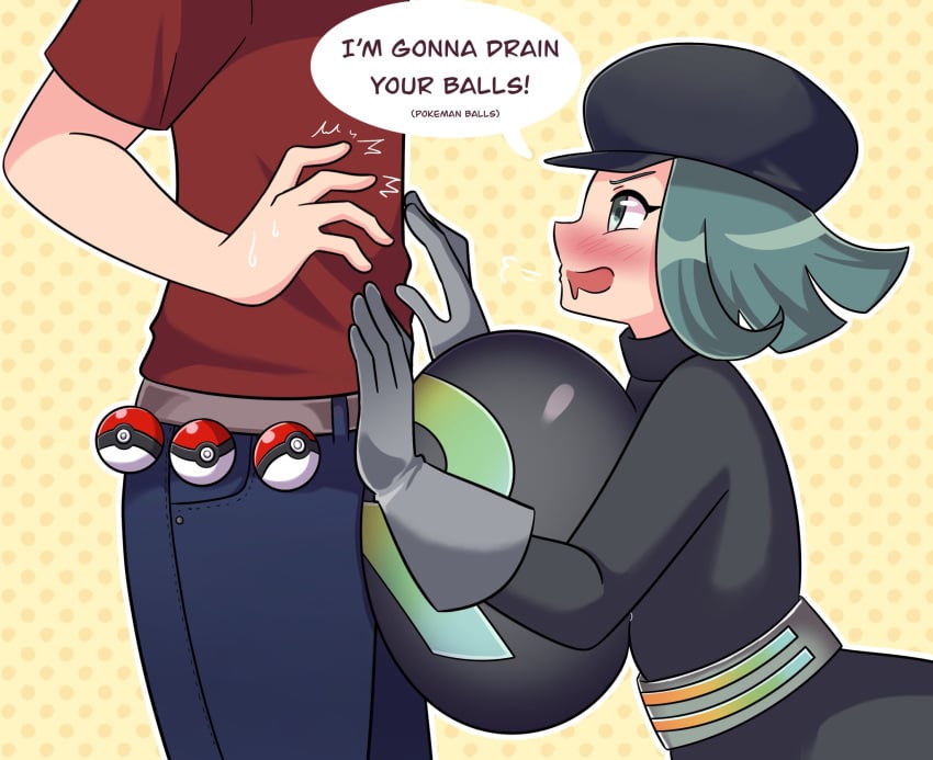 1boy 1girls belt big_ass big_breasts big_butt blush female female_team_rainbow_rocket_grunt gloves green_eyes green_hair hat huge_breasts imminent_sex male paizuri pokeballs pokemon rainbow_rocket_grunt skirt team_rocket titfuck titjob