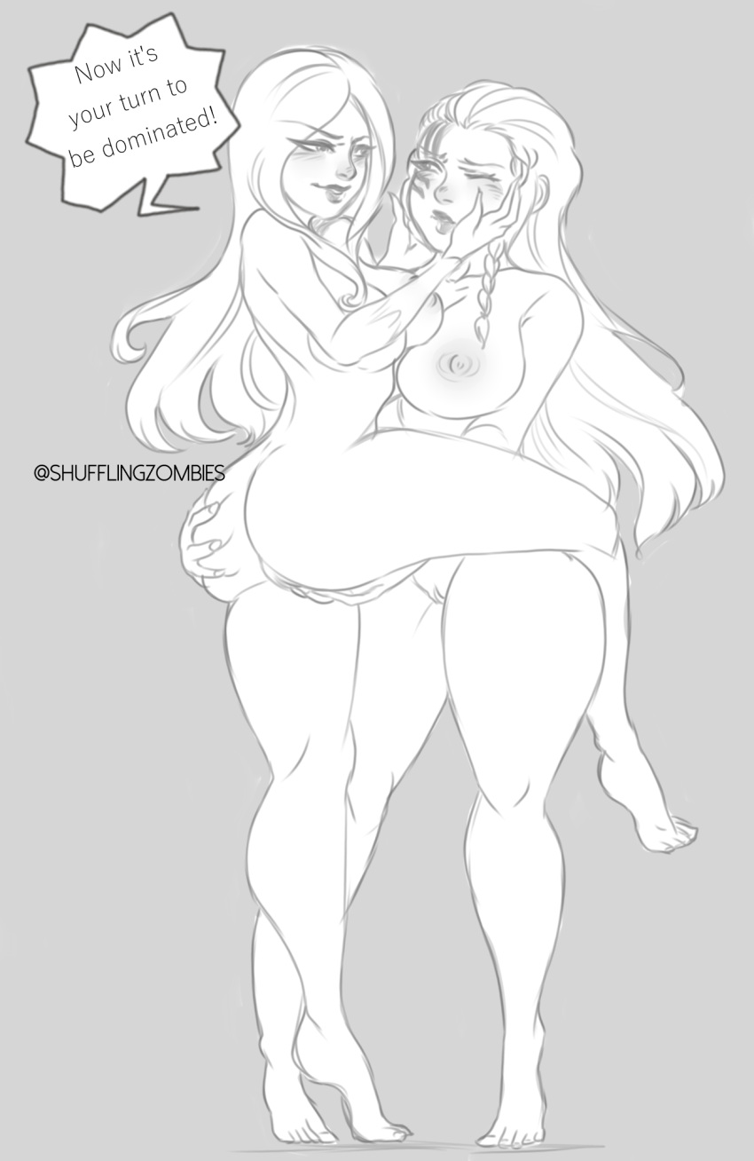 2girls big_breasts blush dialogue european_mythology female fingering goddess hel_(smite) hi-rez_studios law-zilla mythology norse_mythology nude skadi_(smite) sketch smite thick_thighs wide_hips yuri