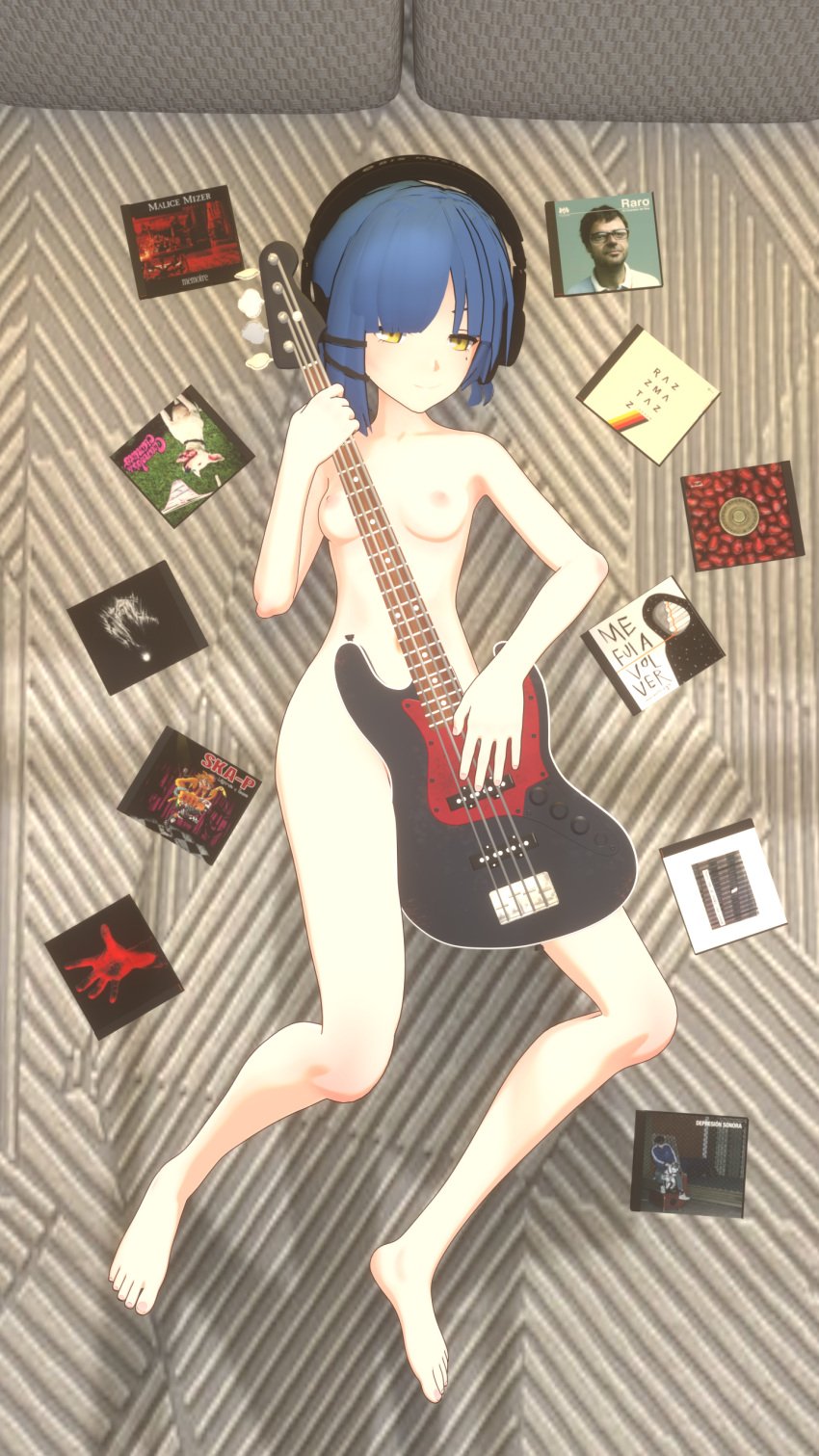 1girls 3d album bangs_over_one_eye bass_guitar bed bedroom blue_hair bocchi_the_rock! cd completely_nude el_cuarteto_de_nos female full_body hair_clips headphones kessoku_band legs lying lying_on_bed malice_mizer musical_instrument naked nude petite short_hair small_breasts solo system_of_a_down thighs yamada_ryou yellow_eyes