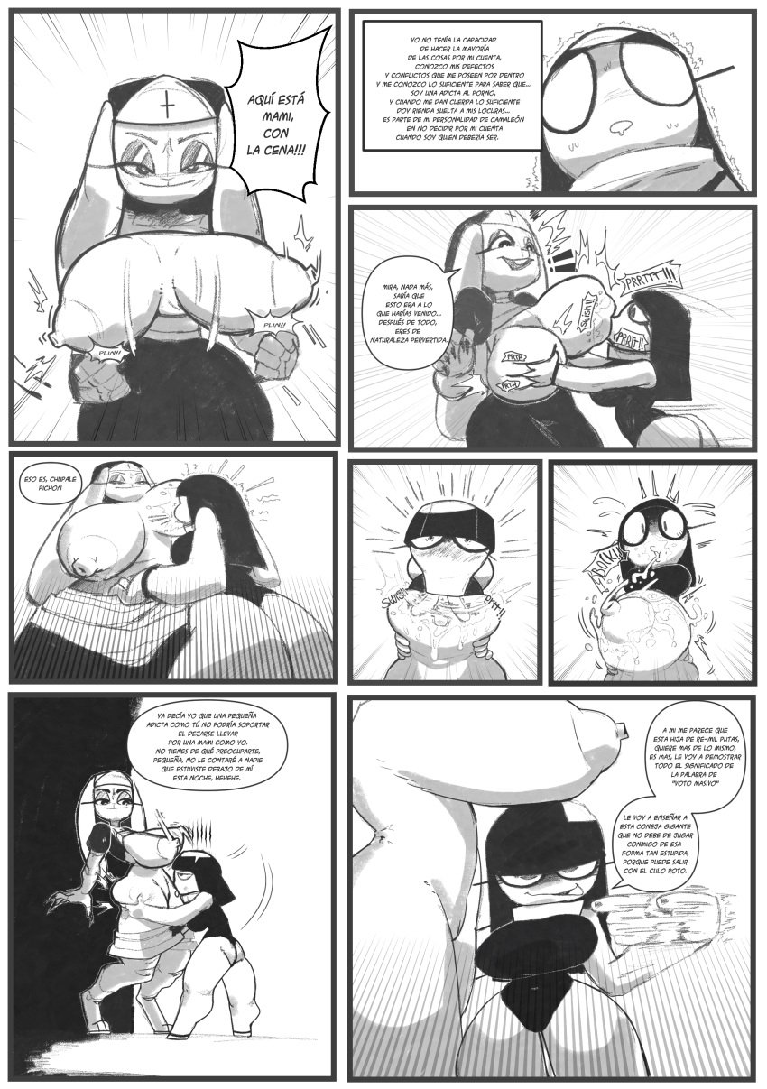 2girls big_breasts breast_sucking breasts comic female furry leotard lesbian_sex north_star_500 nun rabbit torn_clothes yuri