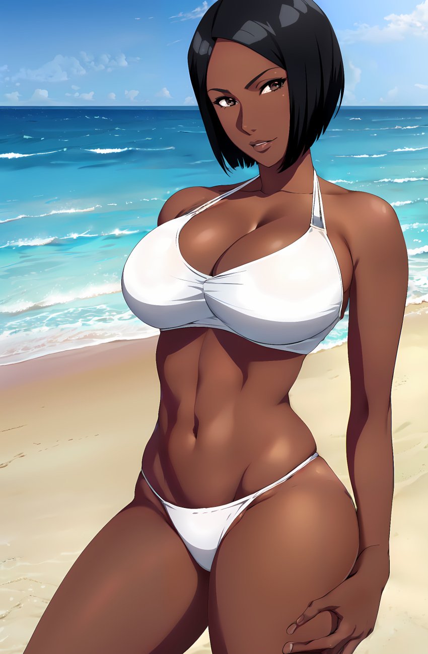 ai_generated bikini black_hair bleach brown_eyes dark-skinned_female dark_skin jackie_tristan pixai short_hair white_bikini